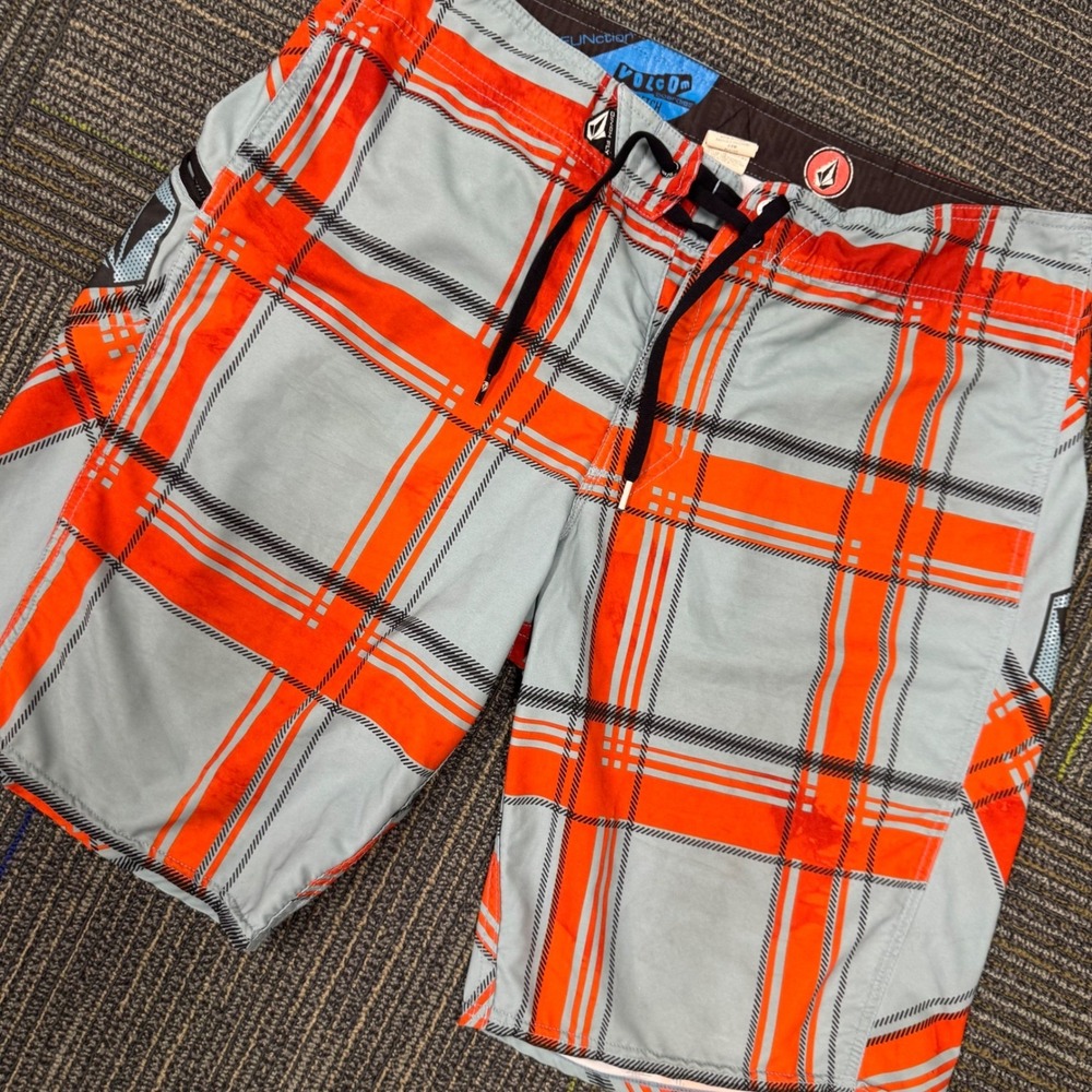 Volcom Board Shorts‎ Mens 36 Orange Blue Plaid Plaiter 4-Way Stretch Swim Trunks